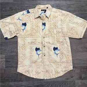 Puritan Beige Short-Sleeve Button-Down with Blue Marlin Print